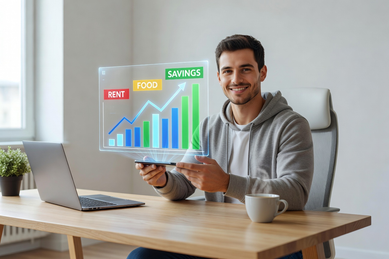 Young White man in modern home office confidently sharing his monthly budget breakdown on a smartphone screen, graphs and dollar signs floating around, energetic vibe