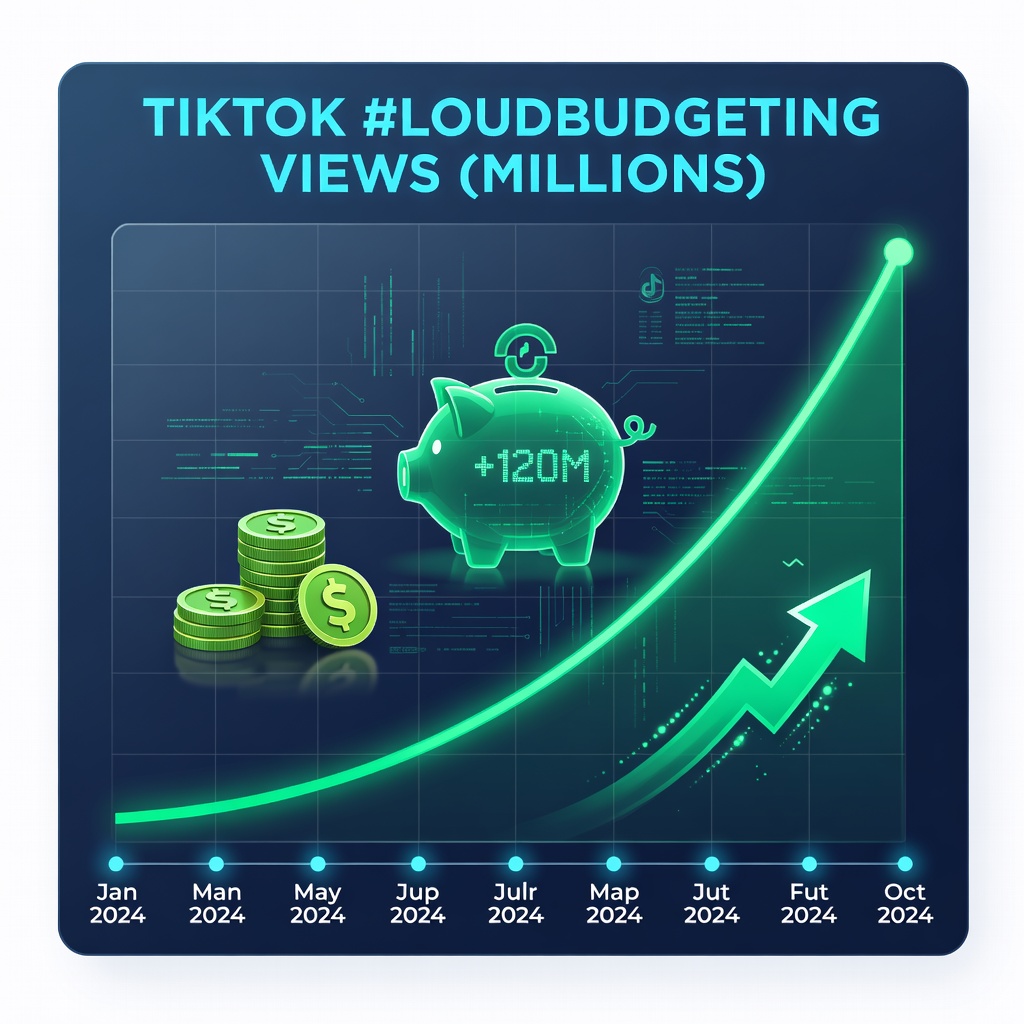 Graph showing explosive growth of #LoudBudgeting hashtag views on TikTok from January to October 2024, upward arrow with money icons, clean data visualization style