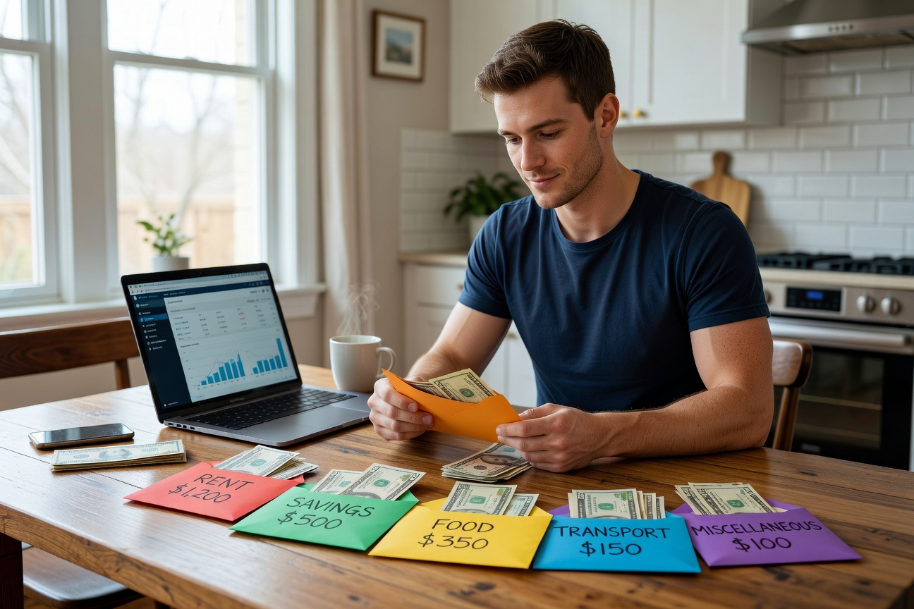 Young White man confidently organizing cash envelopes on a wooden table in a modern home office, bills and receipts nearby, vibrant lighting