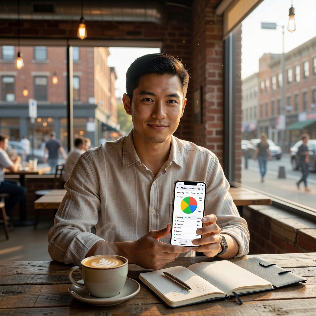 Asian young man in casual clothes tracking expenses on a smartphone app at a coffee shop table, charts and graphs on screen, focused expression