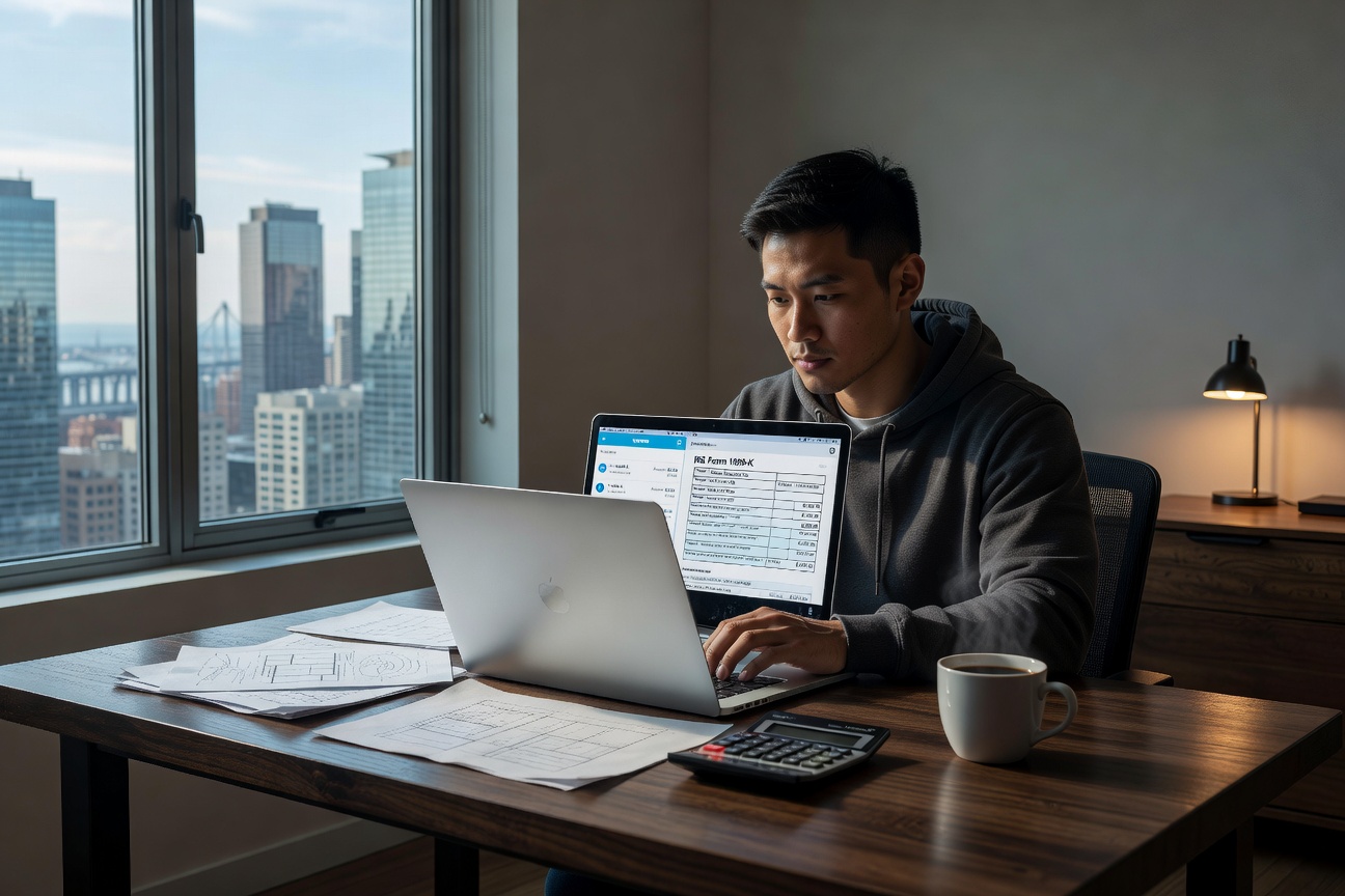 Young Asian man in his 20s sitting at a cluttered desk in a modern apartment, staring worriedly at a laptop screen displaying a Venmo transaction history and IRS 1099-K form, realistic lighting with coffee mug and freelance sketches nearby
