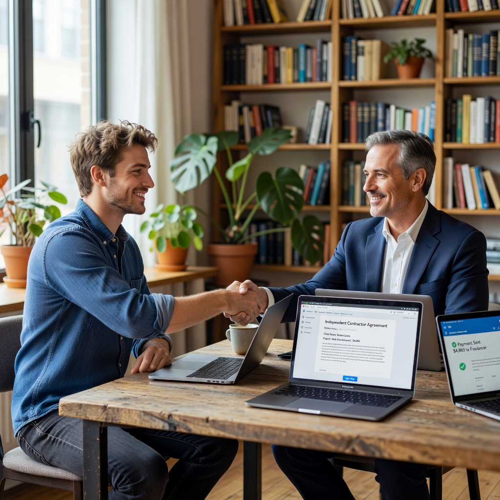 Confident young White man in casual attire at a co-working space, shaking hands with a client across a table littered with laptops and contracts, vibrant office background