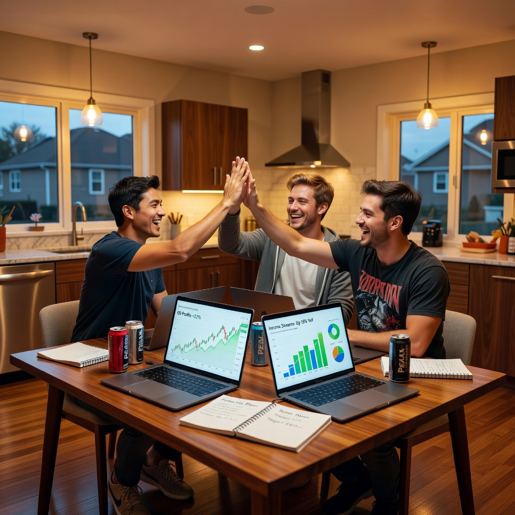 Group of three young Asian and White men in their 20s around a kitchen table, laptops open, high-fiving over charts showing rising income graphs, casual home office vibe with energy drinks