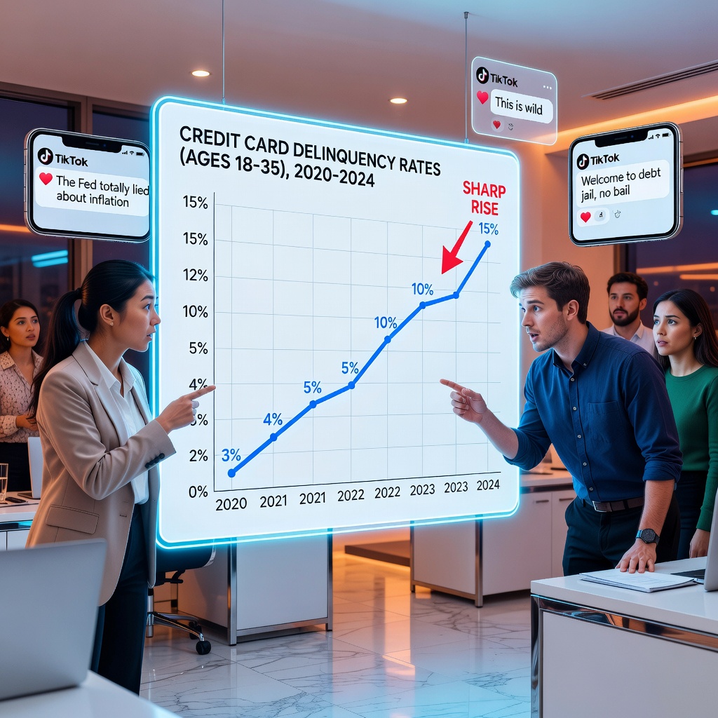 Infographic chart showing rising credit card delinquency rates for ages 18-35 overlaid on smartphone screens with TikTok comments