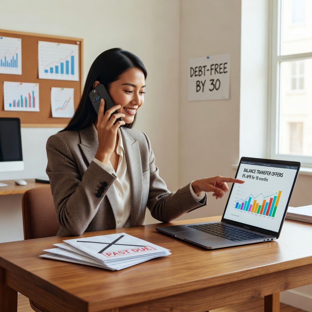 Confident young Asian woman in her late 20s negotiating on phone while reviewing balance transfer options on laptop in home office