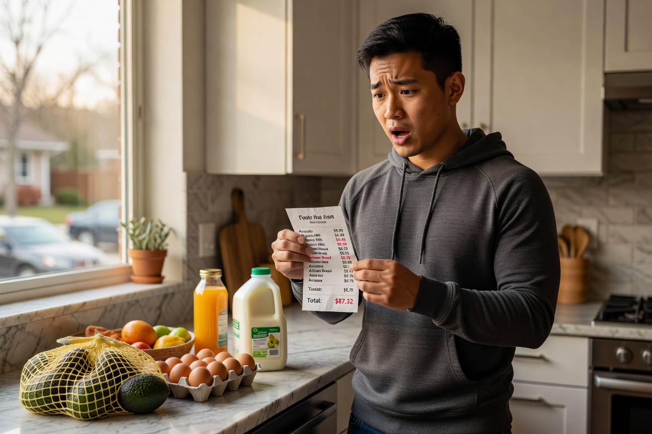 Young Asian man staring at skyrocketing grocery bill in kitchen