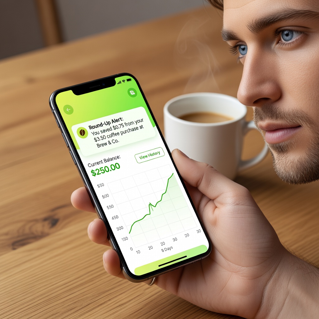 Smartphone displaying micro-savings app with round-up notifications