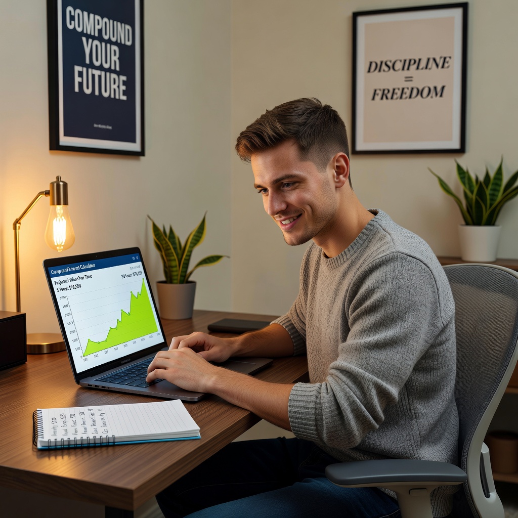 White millennial tracking expenses on laptop with compounding interest graph