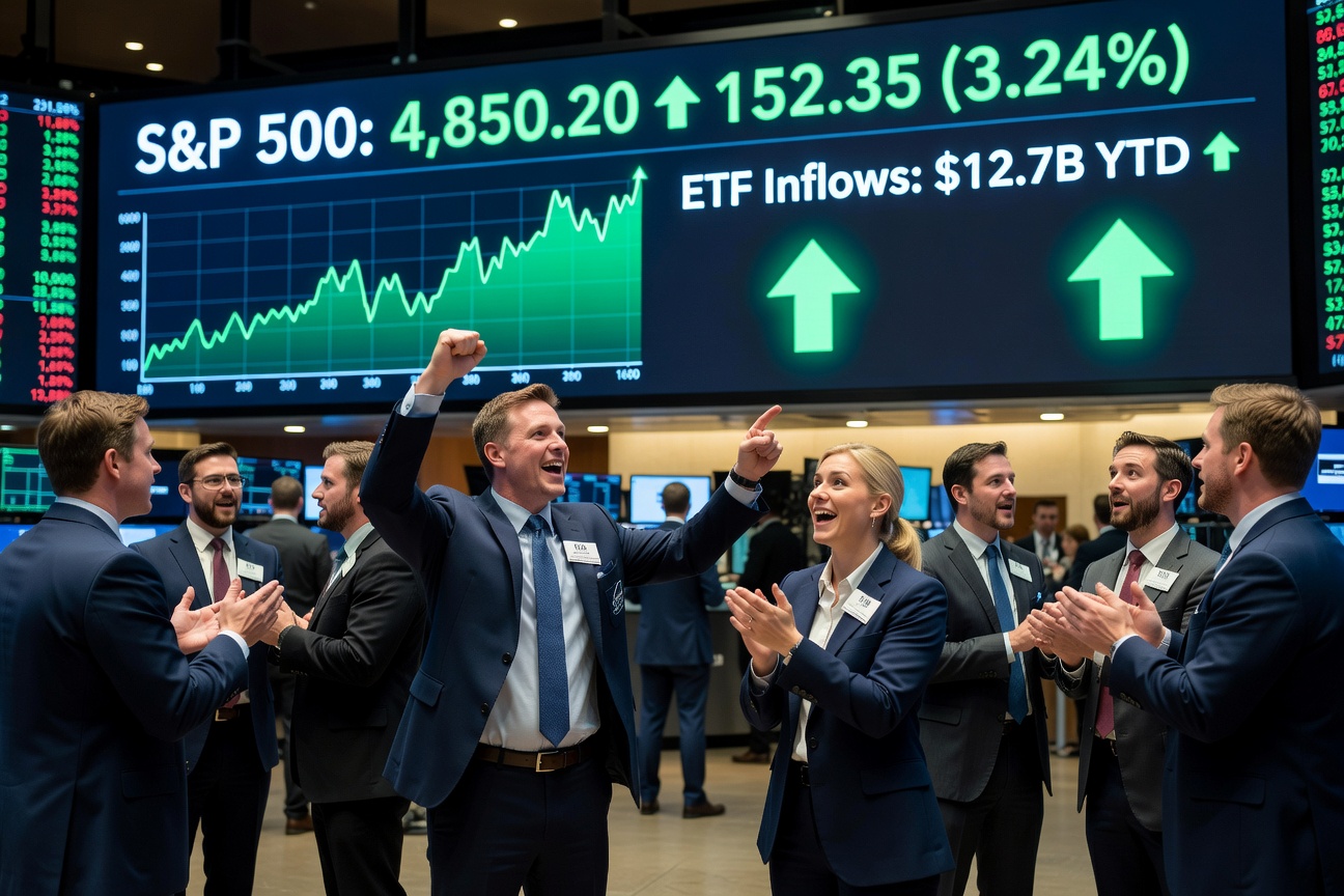 Bullish stock market graph surging after Federal Reserve rate cut announcement, ETF inflow charts overlaid