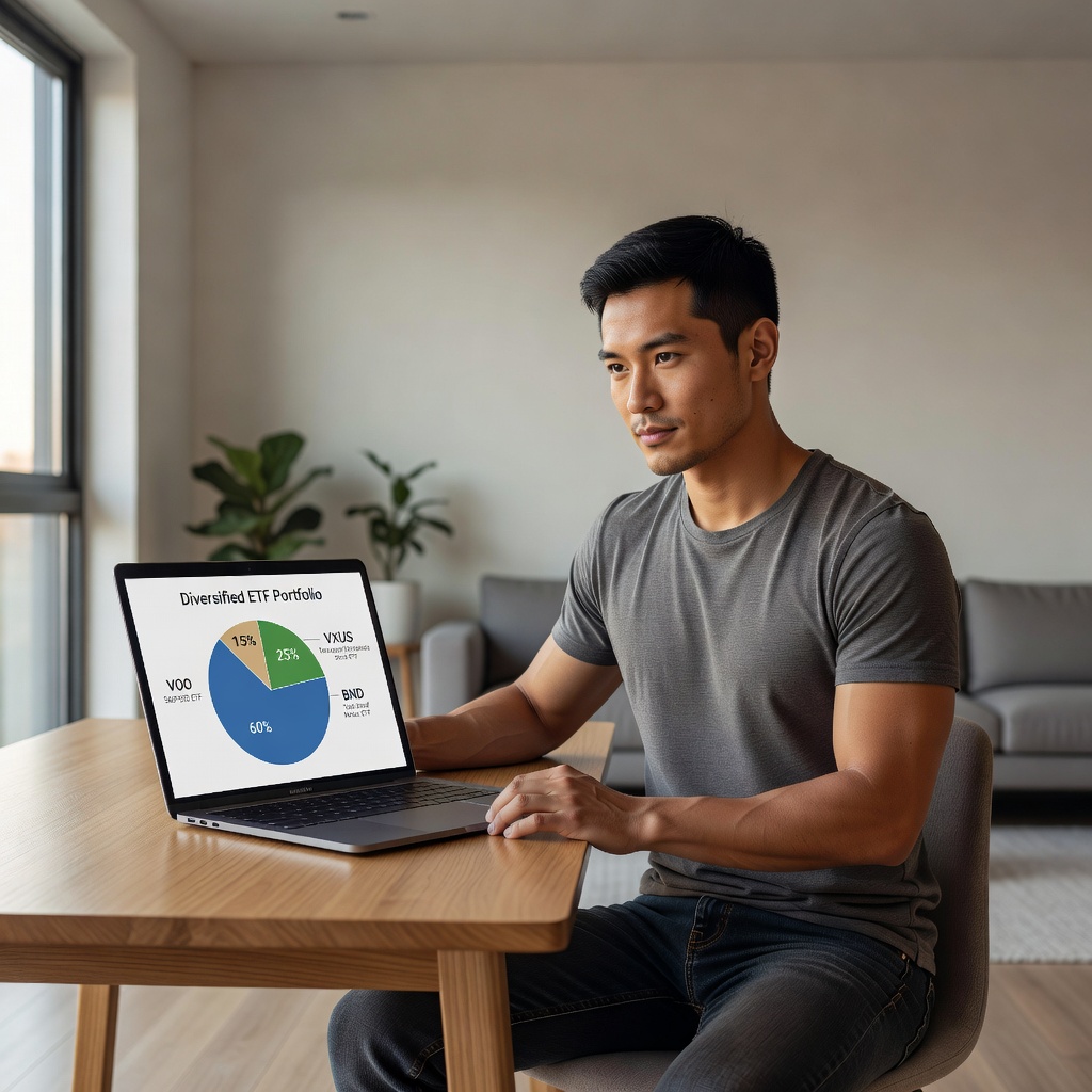 Young Asian man in casual attire reviewing ETF portfolio on laptop in cozy home office, charts showing diversified holdings