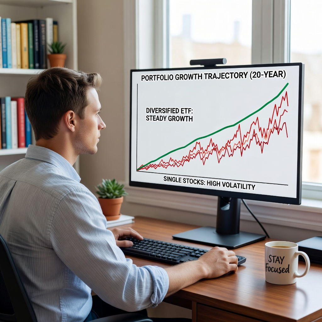 Long-term investment growth chart comparing diversified ETF portfolio to single stocks, young White man smiling at projection