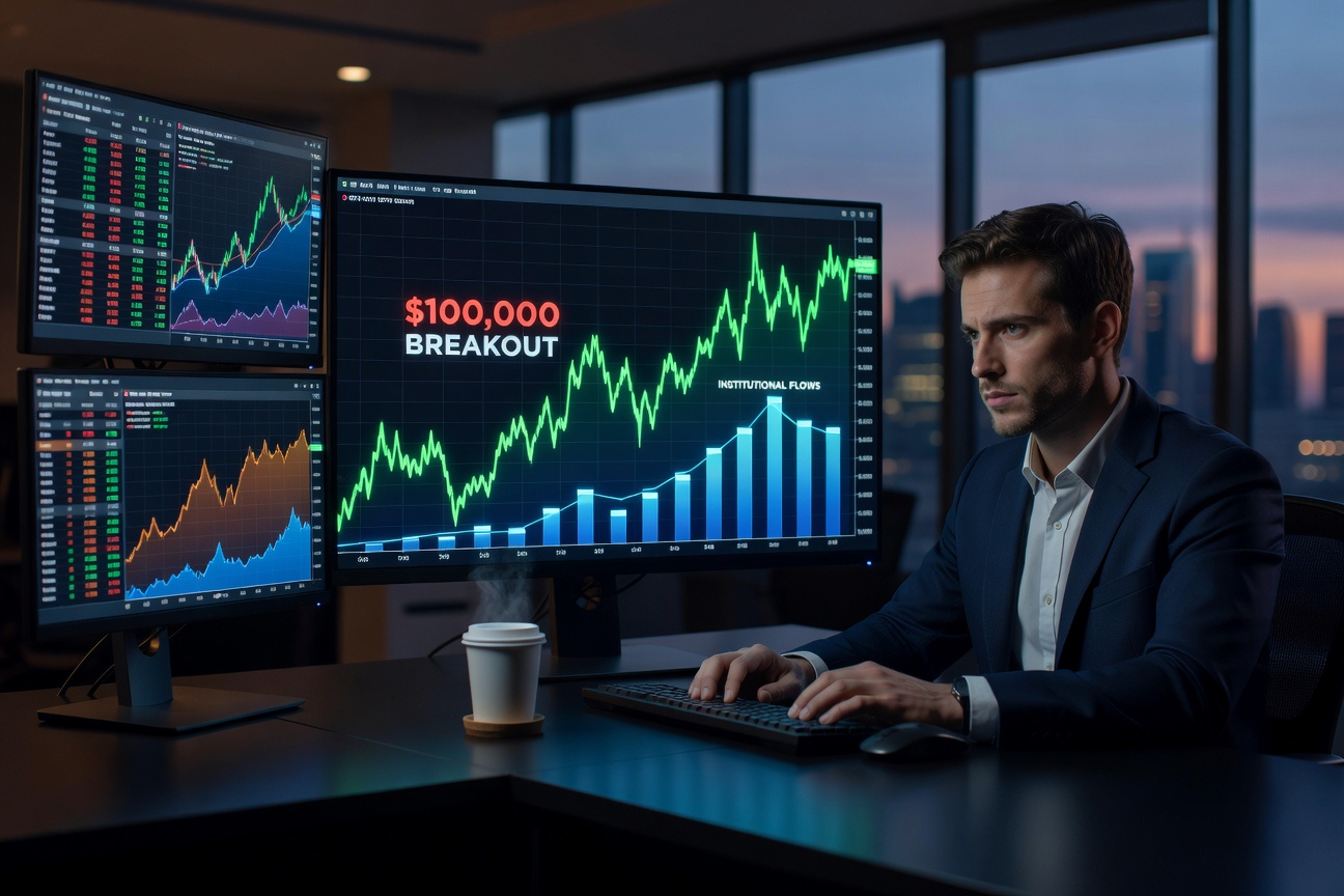 Bitcoin price chart exploding past $100,000 with green candlesticks and ETF inflow graphs overlaid