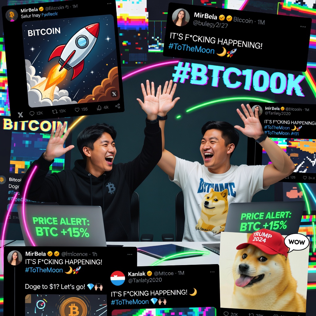 Montage of social media posts and memes celebrating Bitcoin hitting $100K, featuring excited young White and Asian men reacting