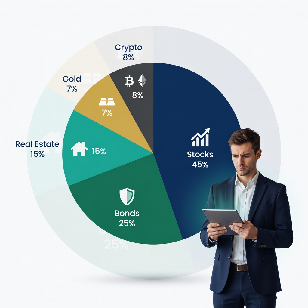 Young Asian investor analyzing a diversified portfolio pie chart with small crypto allocation amid stocks and bonds