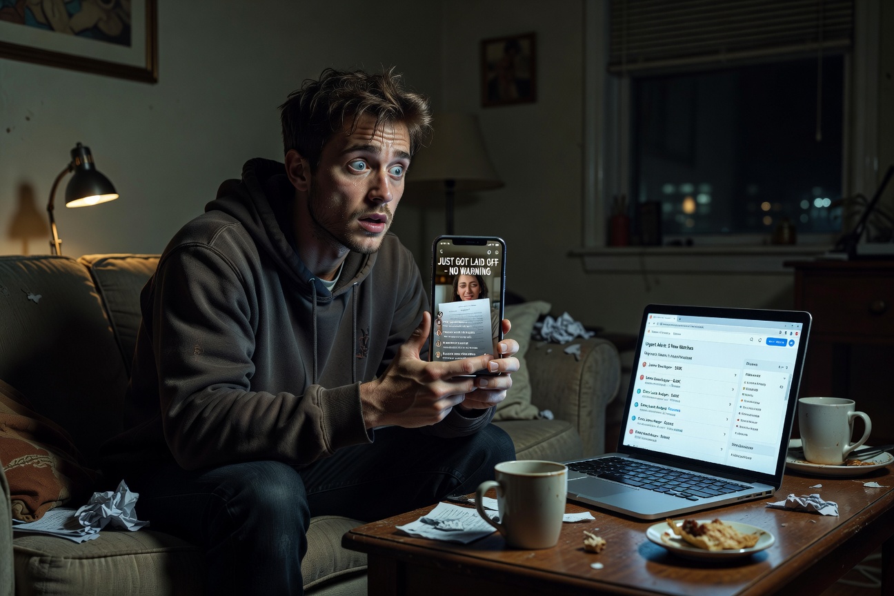 Young white male professional scrolling TikTok layoff videos in shock