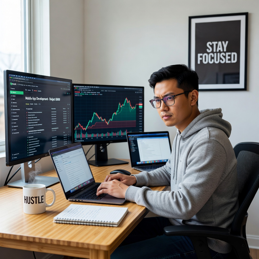 Asian young man building freelance portfolio on laptop