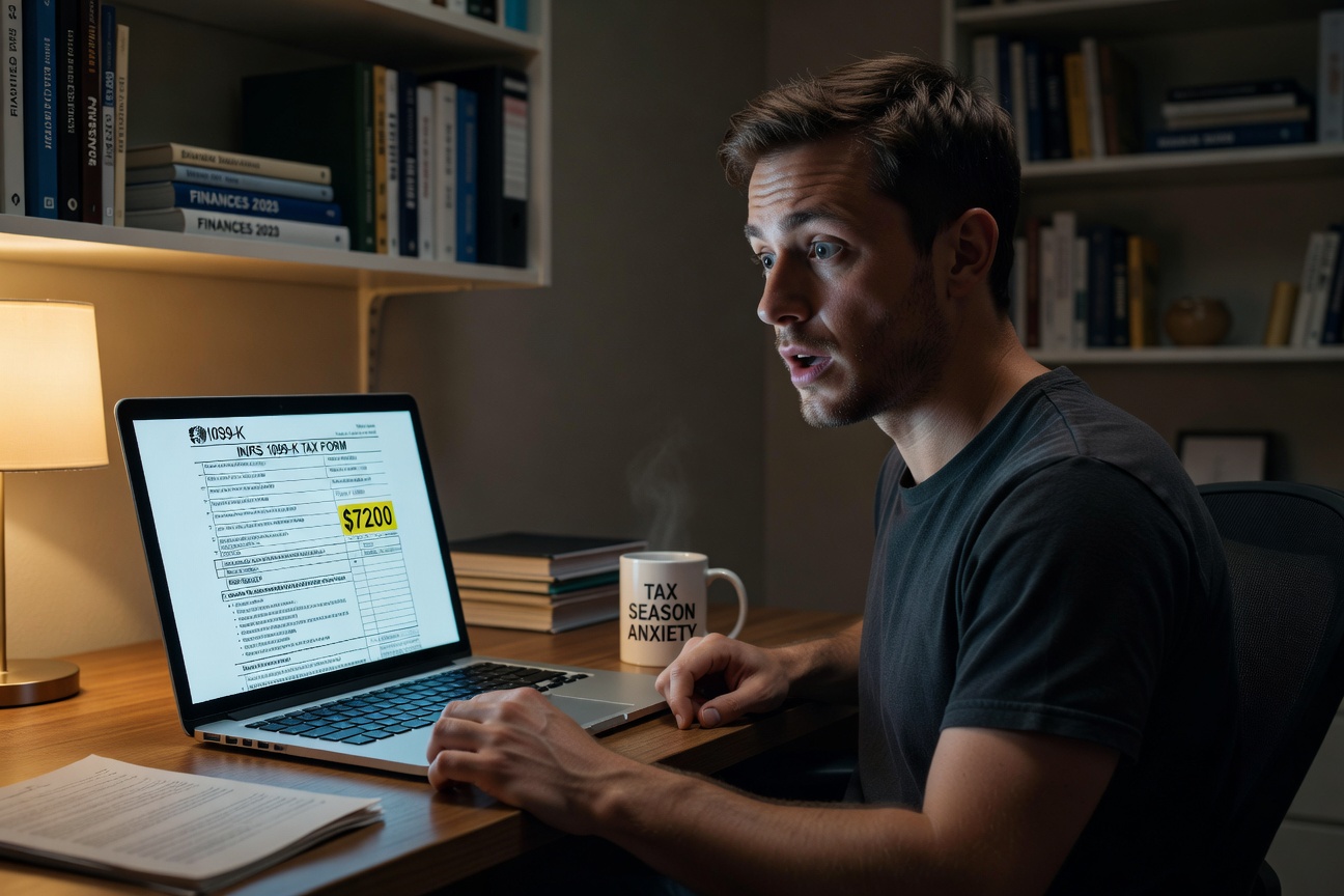 Young White freelancer shocked by IRS 1099-K tax form on laptop screen