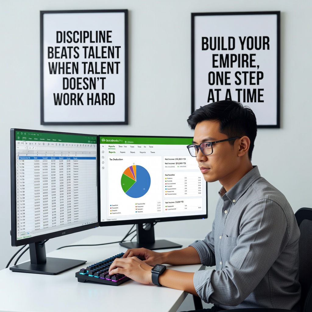 Asian young man analyzing income spreadsheets and tax software on dual monitors