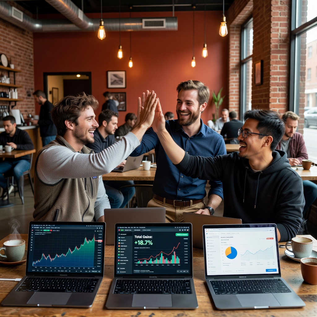 Group of young White and Asian creators high-fiving over laptops in coffee shop, charts showing profit growth