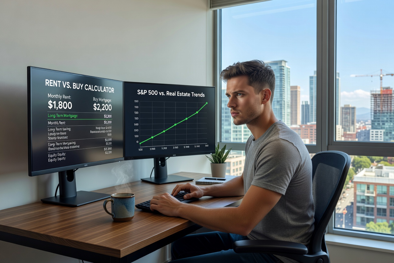 Young white man at desk comparing rent and buy spreadsheets on dual monitors, city skyline view, stacks of cash icons beside investment charts