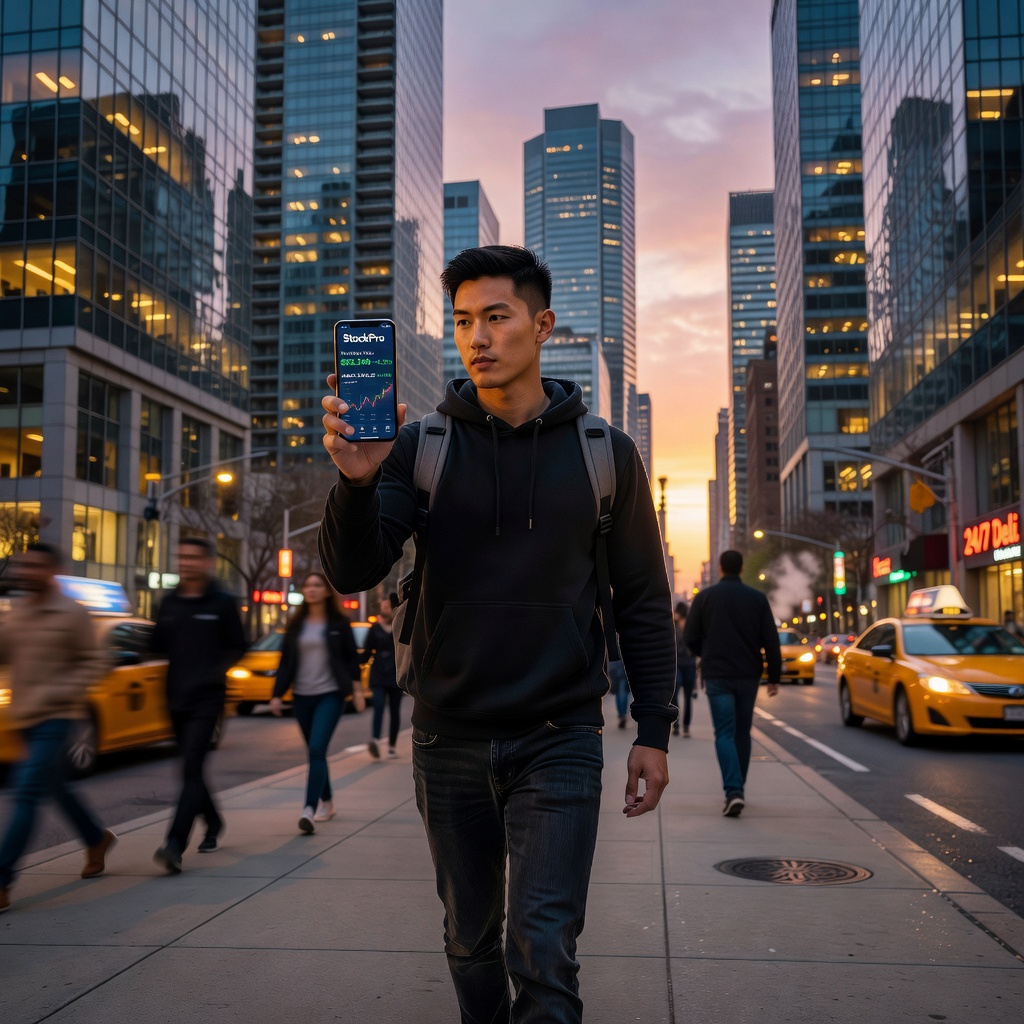 Young Asian man in casual hoodie walking urban street, phone in hand displaying stock portfolio app, confident stride past luxury condos