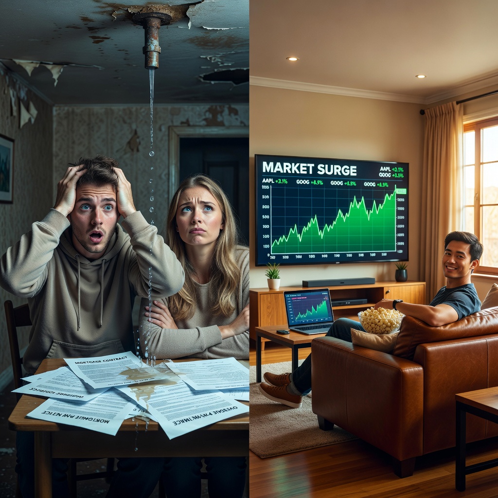 Split screen realistic: Left side young white couple stressed with mortgage papers and leaking roof, right side Asian man relaxed in apartment trading stocks on big screen TV