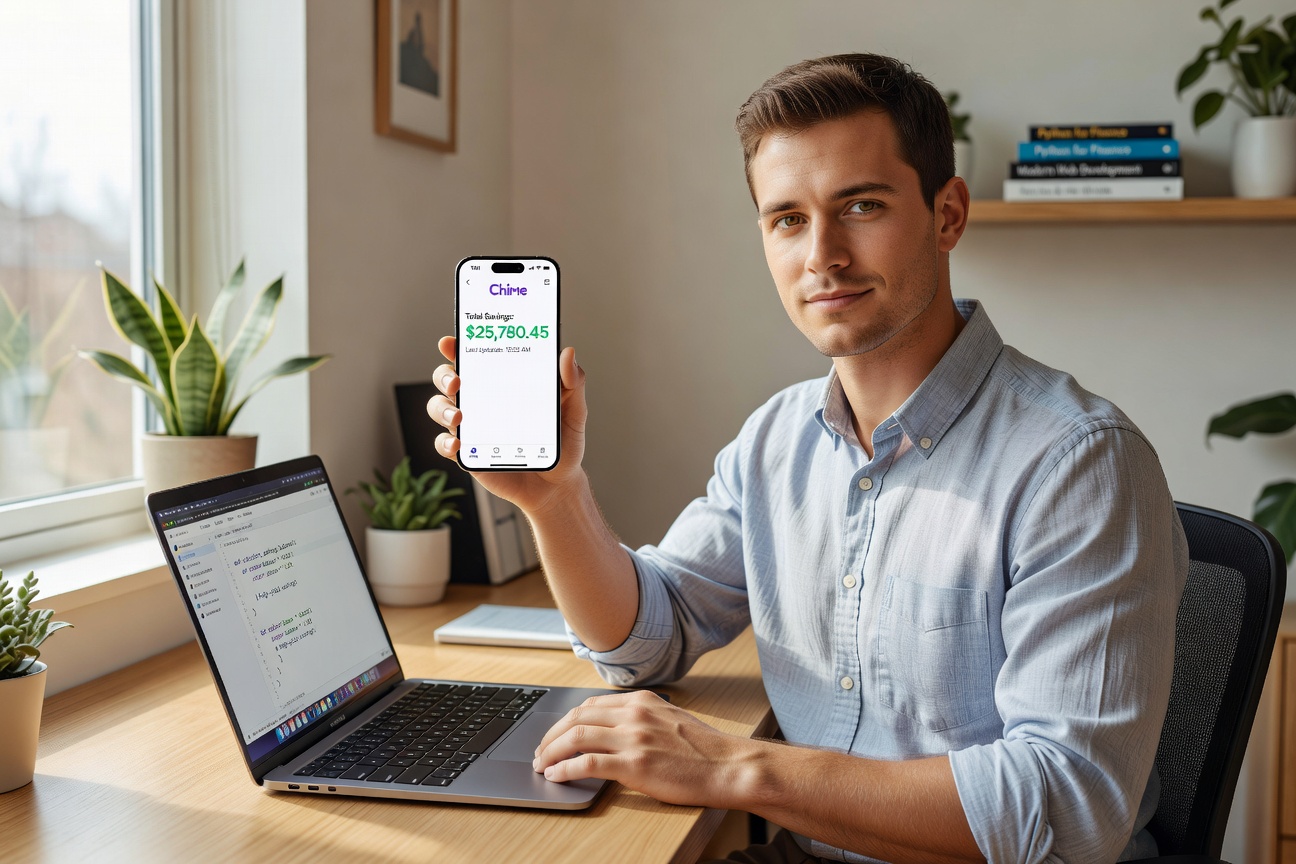 Young White man in modern apartment checking Chime app balances on smartphone, confident smile, laptop with code open nearby
