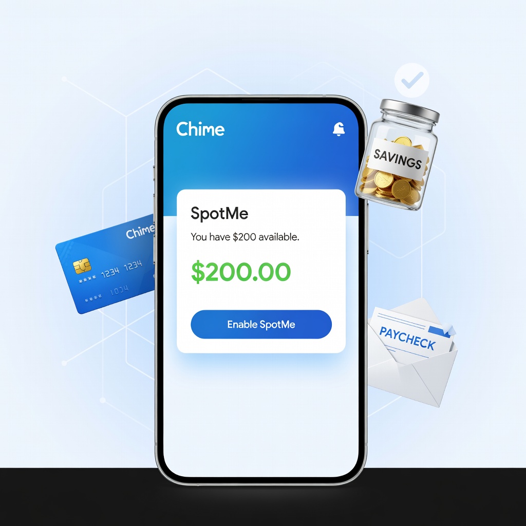 Smartphone screen showing Chime SpotMe overdraft protection active, with notification of $200 available, sleek blue interface