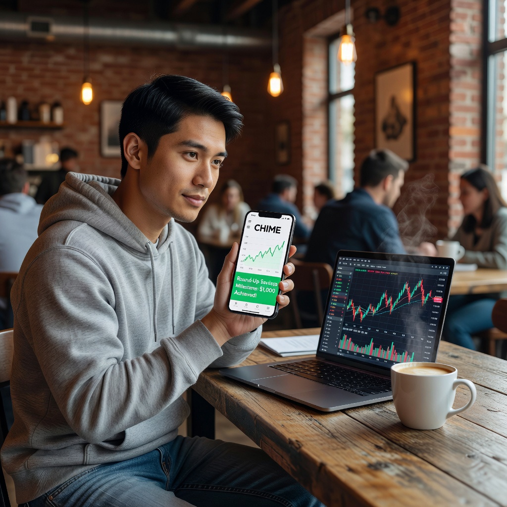 Young Asian man in hoodie analyzing Chime savings dashboard on phone, charts showing growth, coffee shop setting